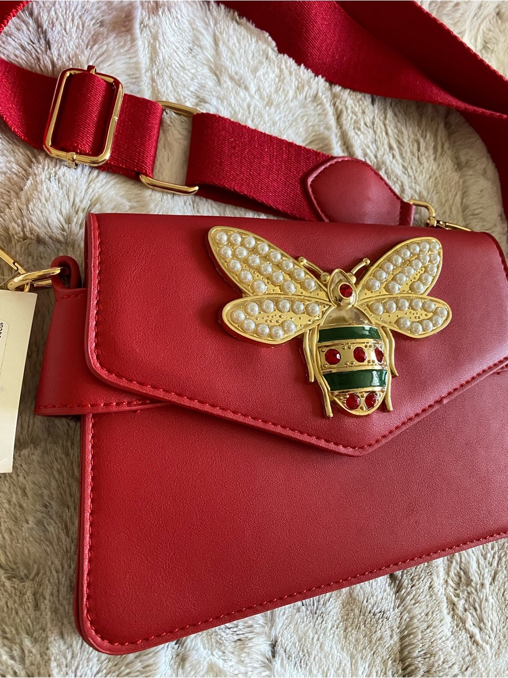 Red Pearl Bee Accent embellished Crossbody Bag - 9” - Picture 2 of 9